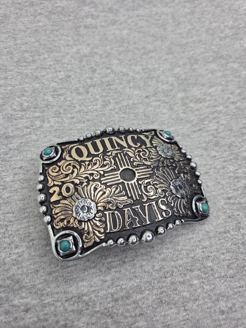 Custom Quincy Davis Engraved Western Belt Buckle - Gold & Silver with Turquoise